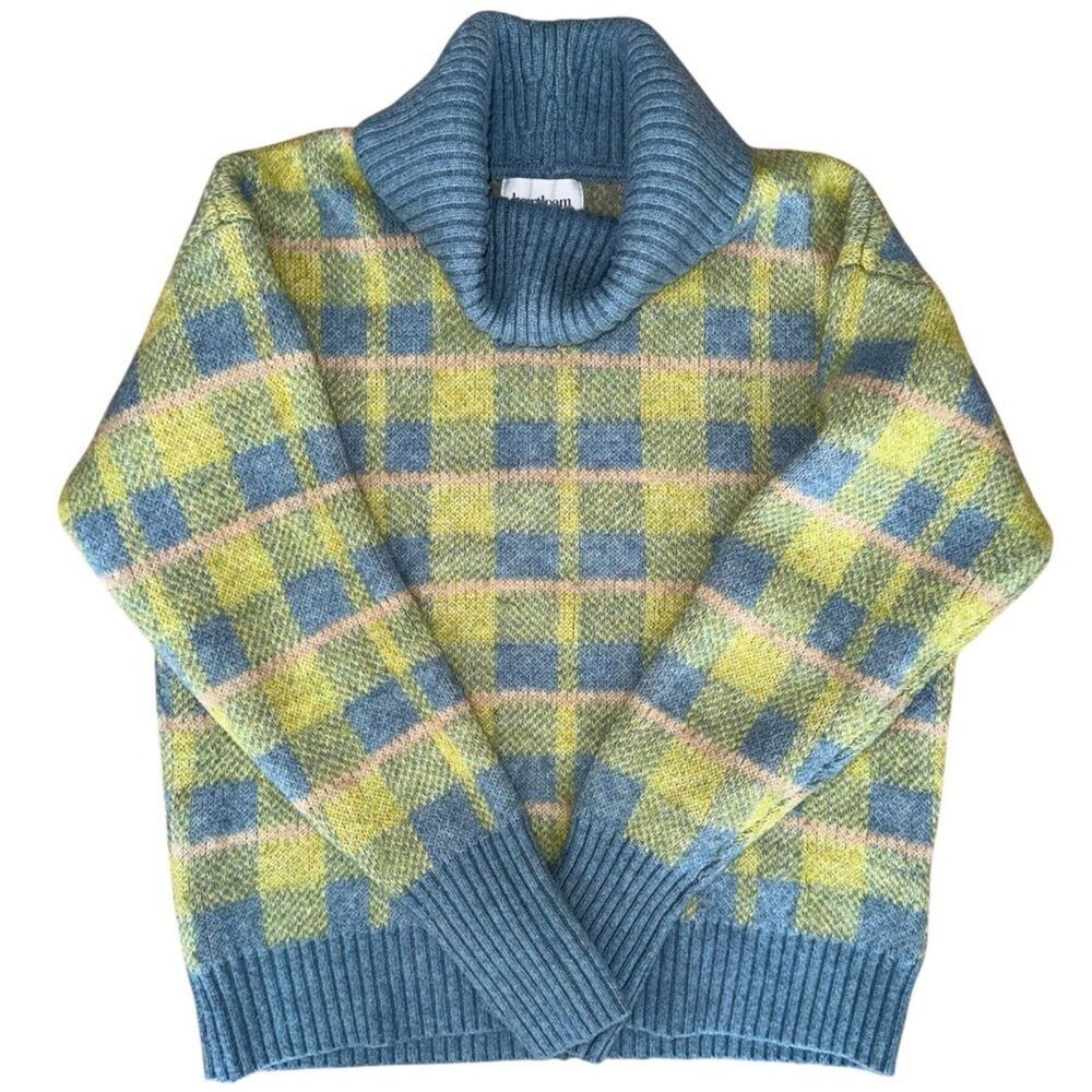 Heartloom Ali Sweater Anthropologie Chartreuse Blue Plaid Turtleneck L
